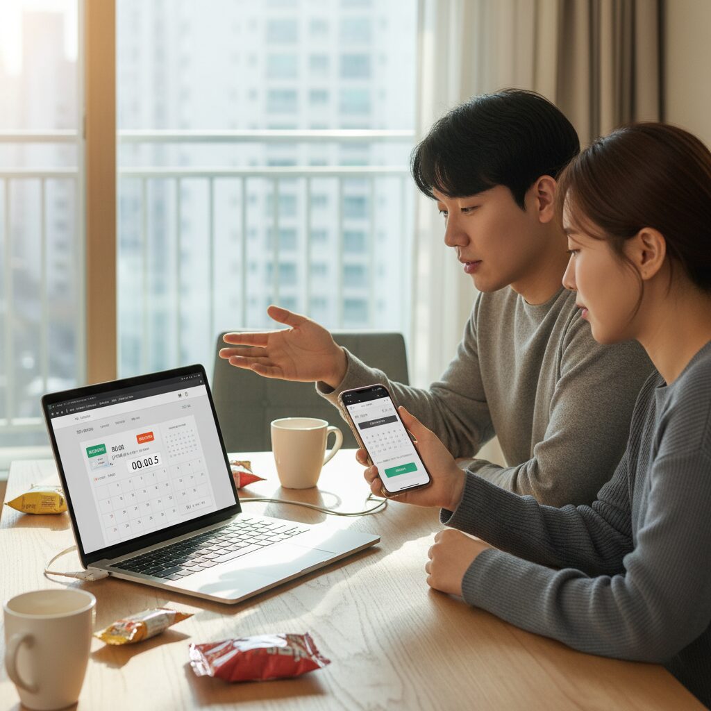 2026 설날 기차표 예매를 위해 스마트폰과 노트북을 함께 준비하는 모습