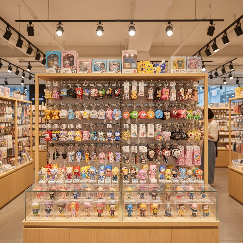 아트박스 내 캐릭터 키링과 피규어, 액세서리가 진열된 모습