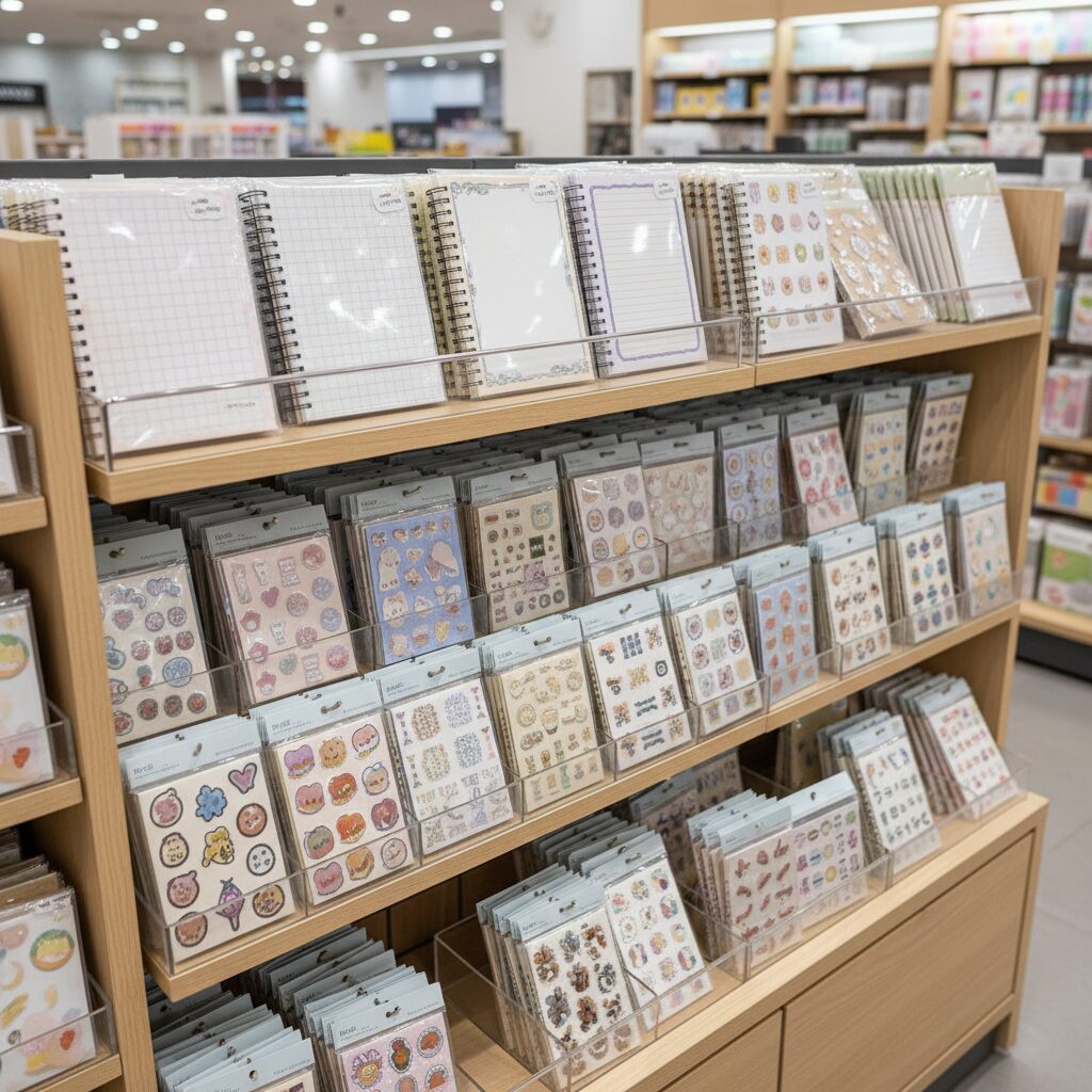 아트박스 내 다이어리 속지와 다꾸용 스티커가 진열된 선반