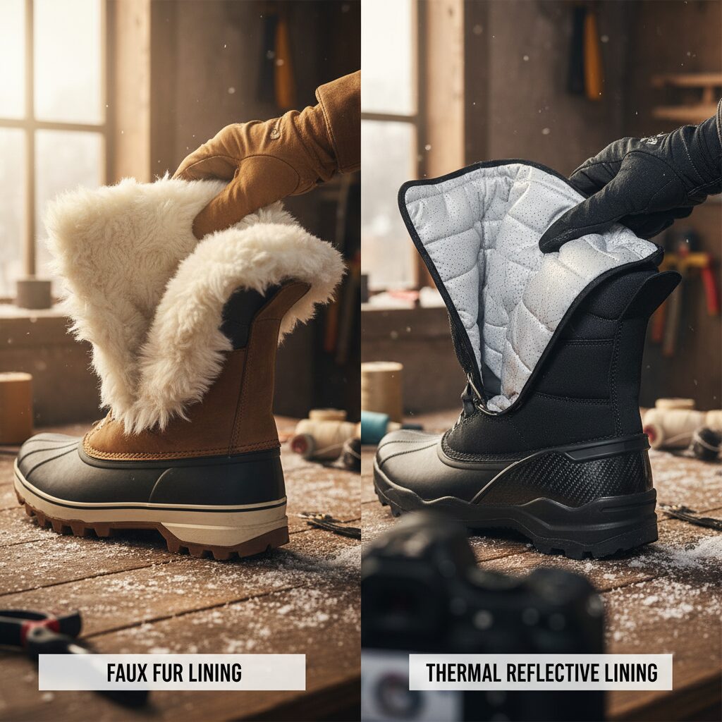 방한화 안감 보온재 털과 써멀 소재 비교 사진