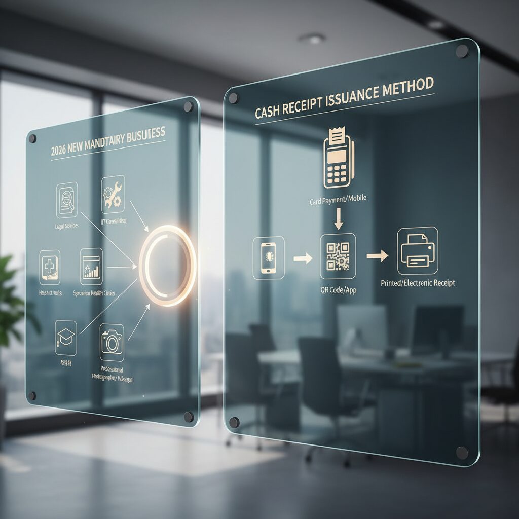 2026년 신규 의무발행 업종 리스트와 현금영수증 발급 방법을 설명하는 인포그래픽
