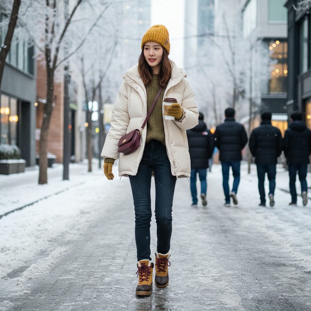 데일리 캐주얼 코디에 잘 어울리는 방한화 패션 사진