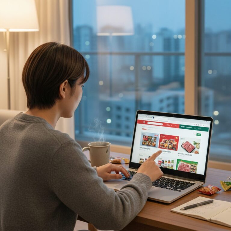 노트북으로 여러 온라인 쇼핑몰의 설 선물세트 페이지를 비교하는 모습