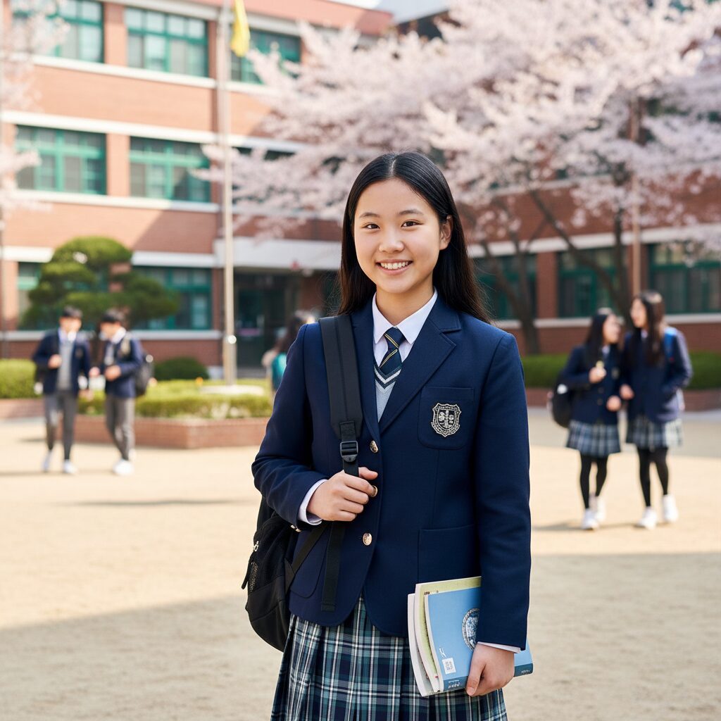 자신감 있는 미소로 중학교 교복을 입고 있는 학생
