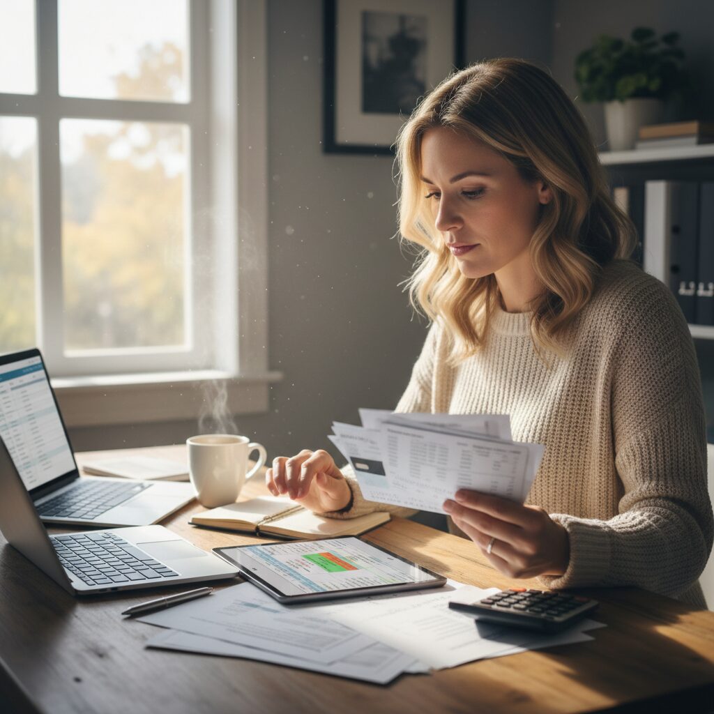 사업자가 신용카드 명세서를 확인하며 세액 공제 한도를 계산하는 모습