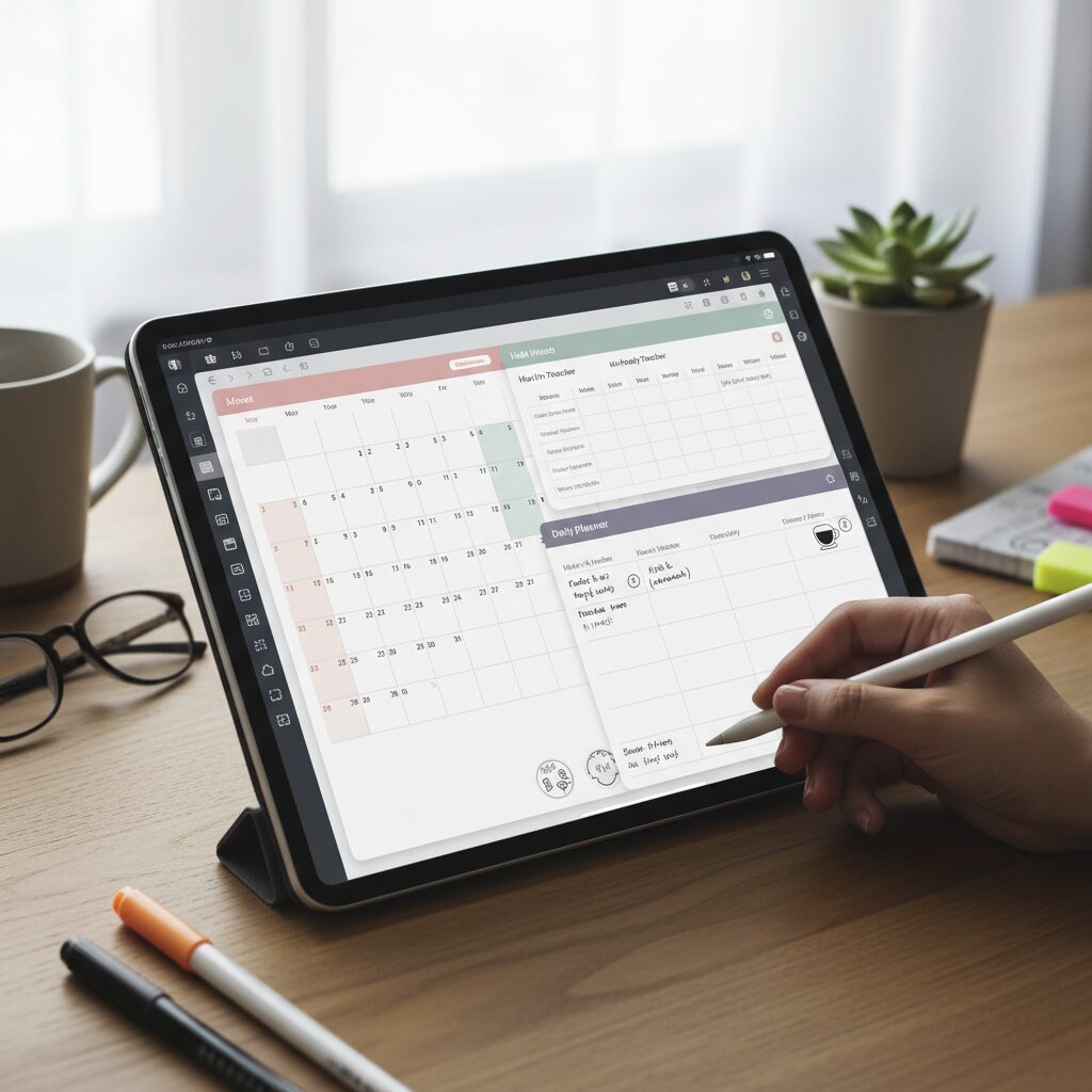 여러 굿노트 다이어리 속지를 조합하여 사용하는 모습