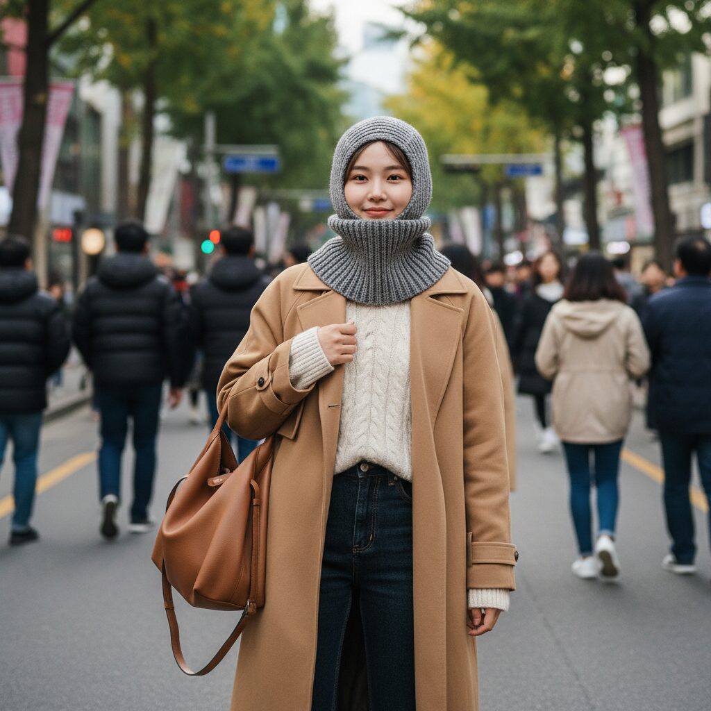 데일리 코디에 잘 어울리는 울 소재 바라클라바 넥워머 스타일