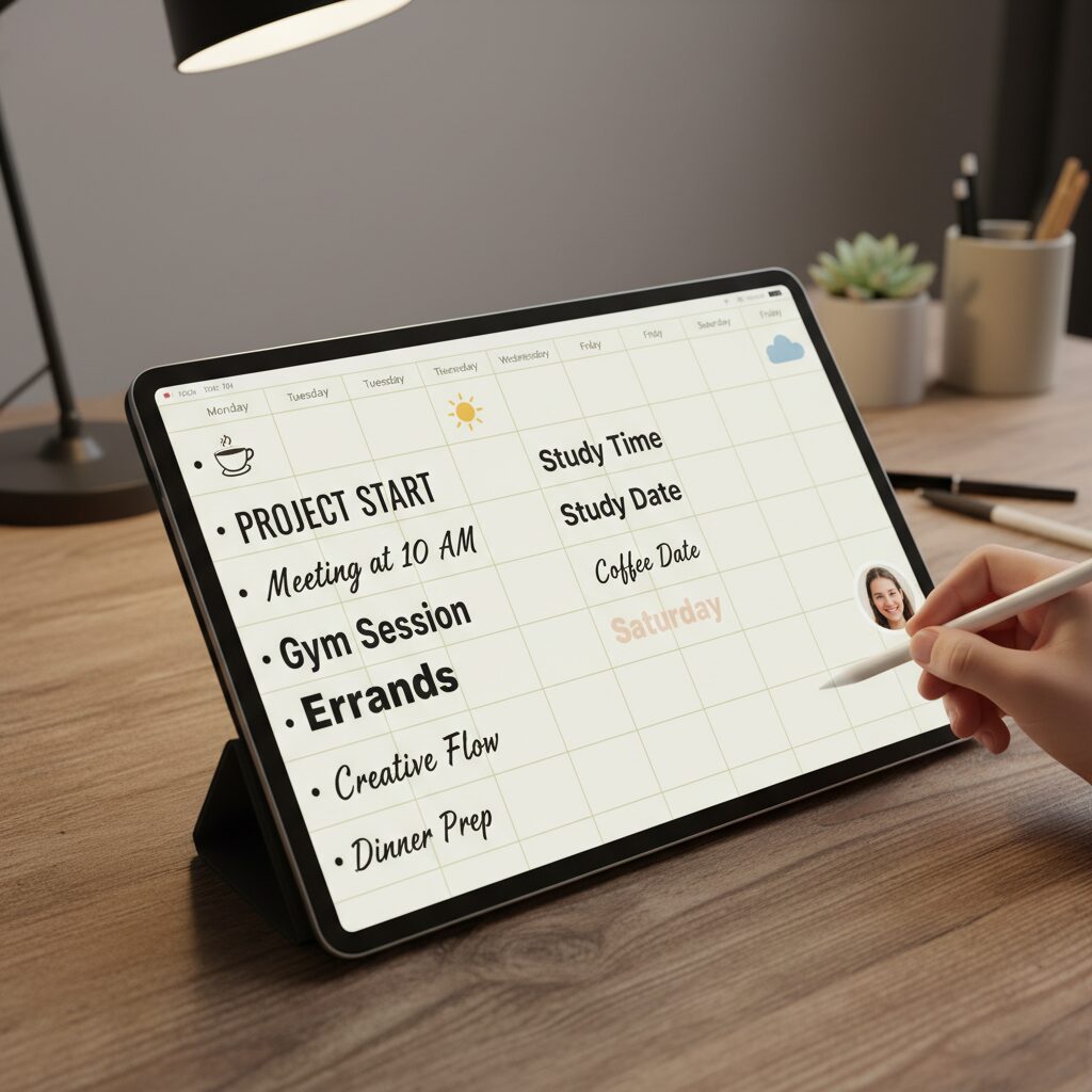 아이패드 다이어리에서 스티커와 폰트를 활용한 페이지 레이아웃 예시