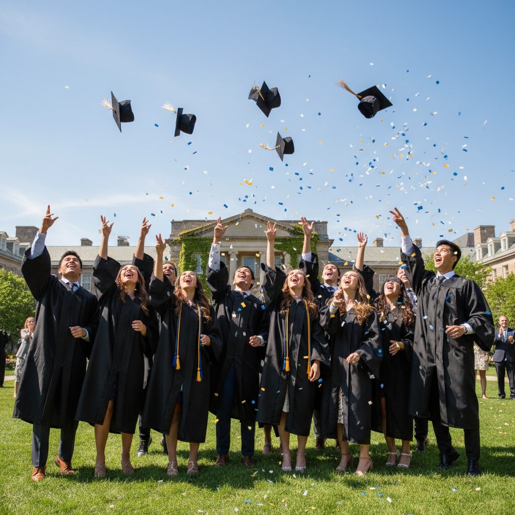 졸업모자를 던지며 기뻐하는 대학생들의 모습, 성공적인 입시 결과의 상징