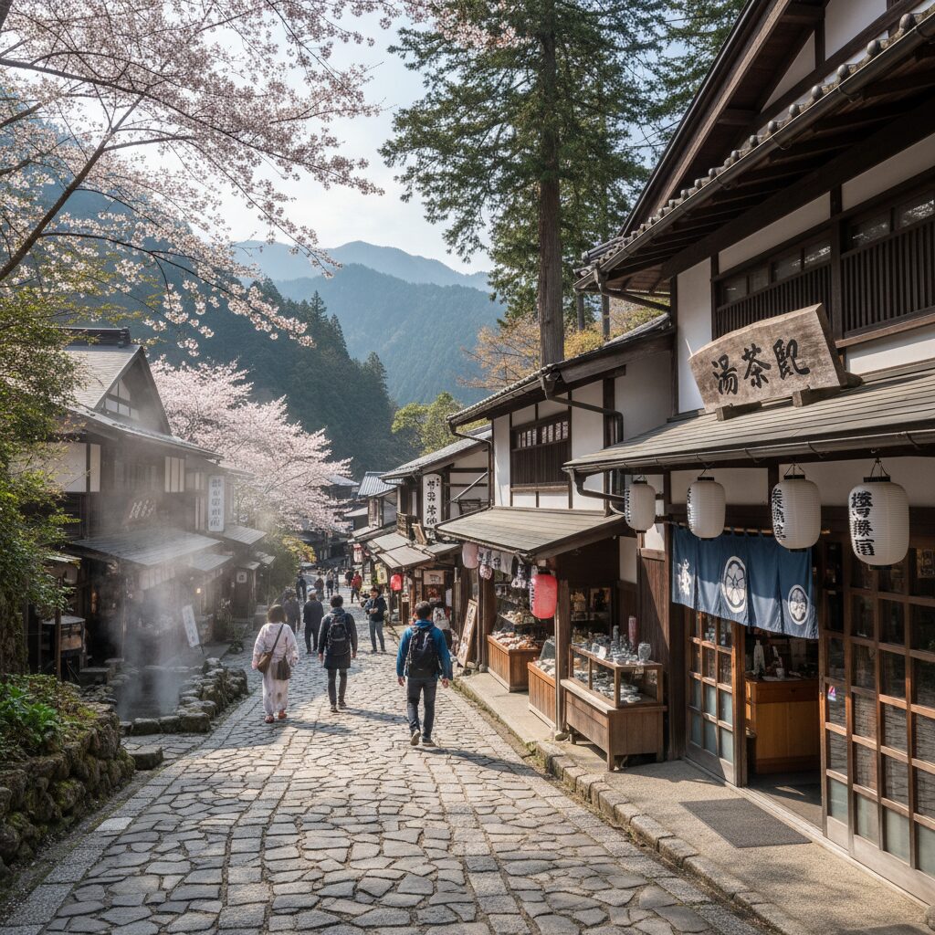 하코네 온천 거리 전통 일본 가게와 산길 풍경