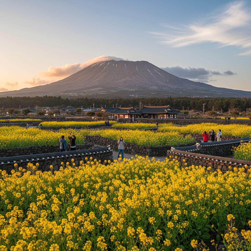 휴애리 자연생활공원의 한라산과 제주도 유채꽃 배경