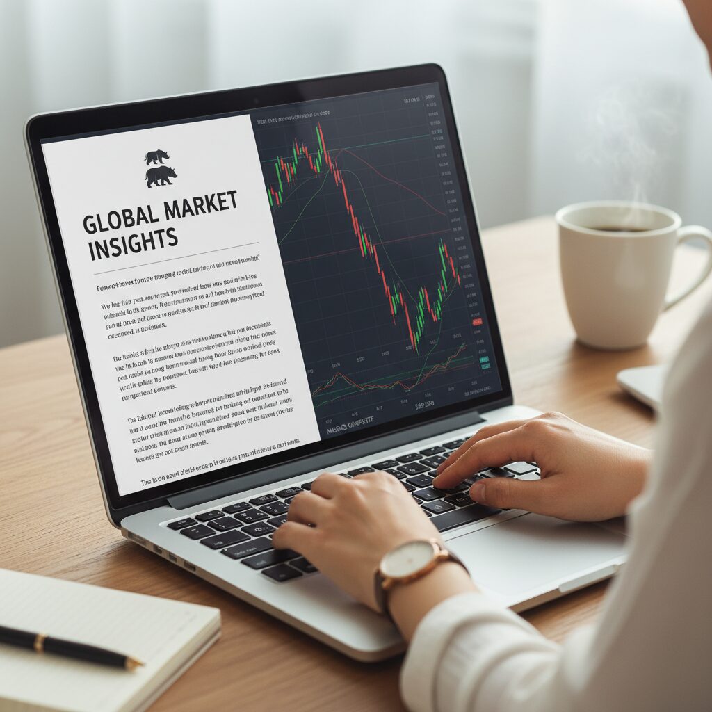 노트북 화면에 뉴스레터와 투자 차트가 함께 표시된 이미지