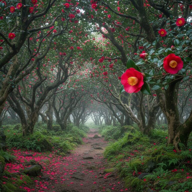 제주도 동백꽃 숲길에 핀 빨간 동백꽃 사진