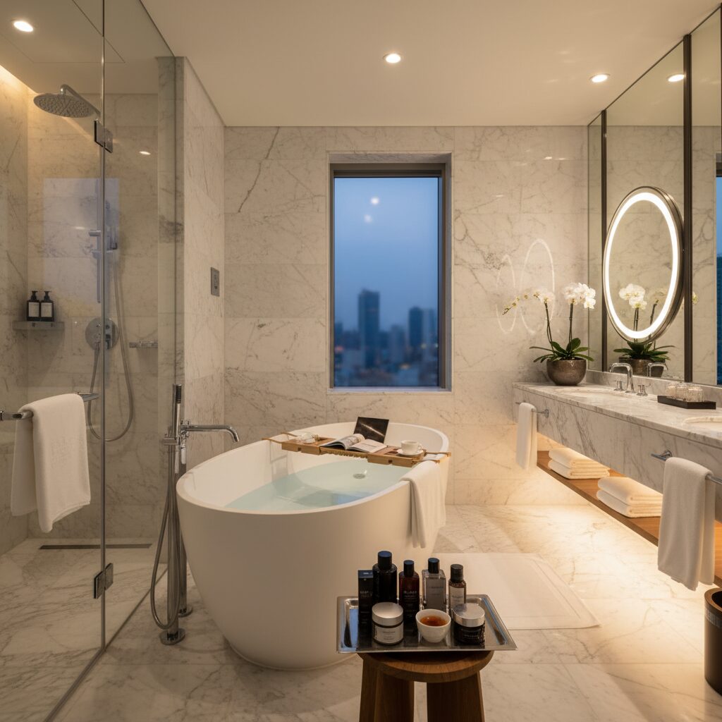 롯데호텔 월드 대리석 욕실과 넓은 욕조, 고급 어메니티