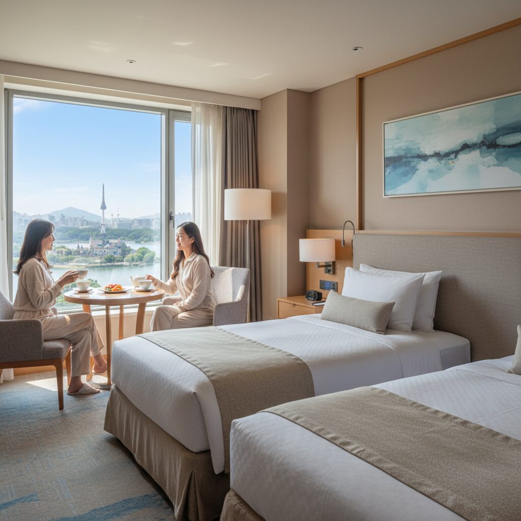 롯데호텔 월드 디럭스 트윈 객실 내부, 창가 테이블과 아늑한 침대