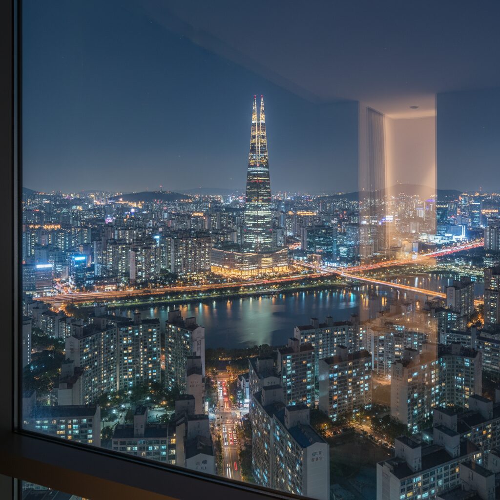 롯데호텔 월드 객실 창가에서 바라본 잠실 야경, 롯데월드타워와 빌딩 불빛