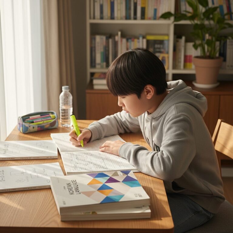 예비 중학생이 교과서와 노트를 펴고 국어 공부를 하는 모습