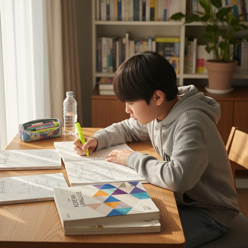 예비 중학생이 교과서와 노트를 펴고 국어 공부를 하는 모습