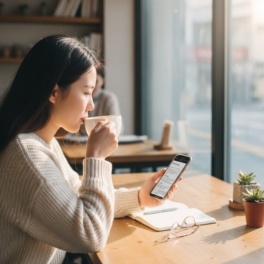 아침에 커피를 마시며 스마트폰으로 뉴스레터를 읽는 여성