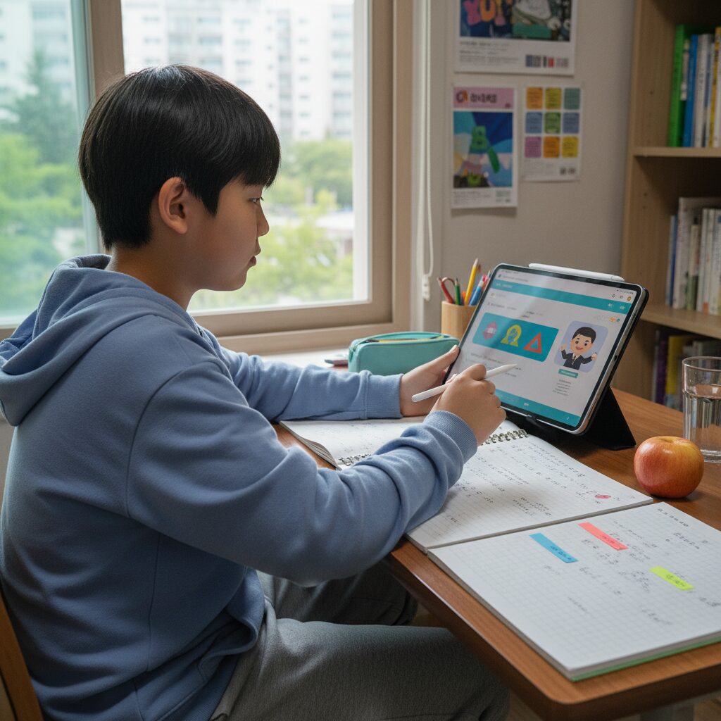 집에서 태블릿으로 온라인 강의를 듣는 예비 중학생