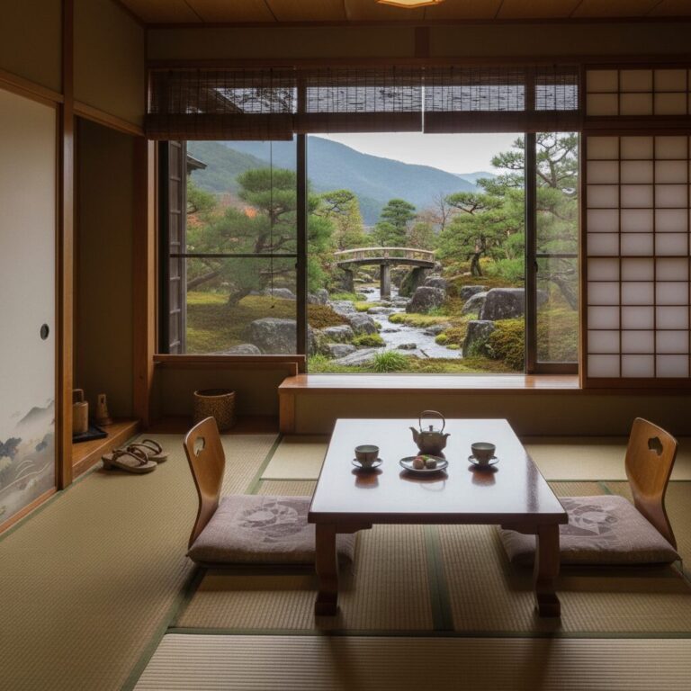 일본 온천 여관 다다미 방 창밖 정원이 보이는 아늑한 객실