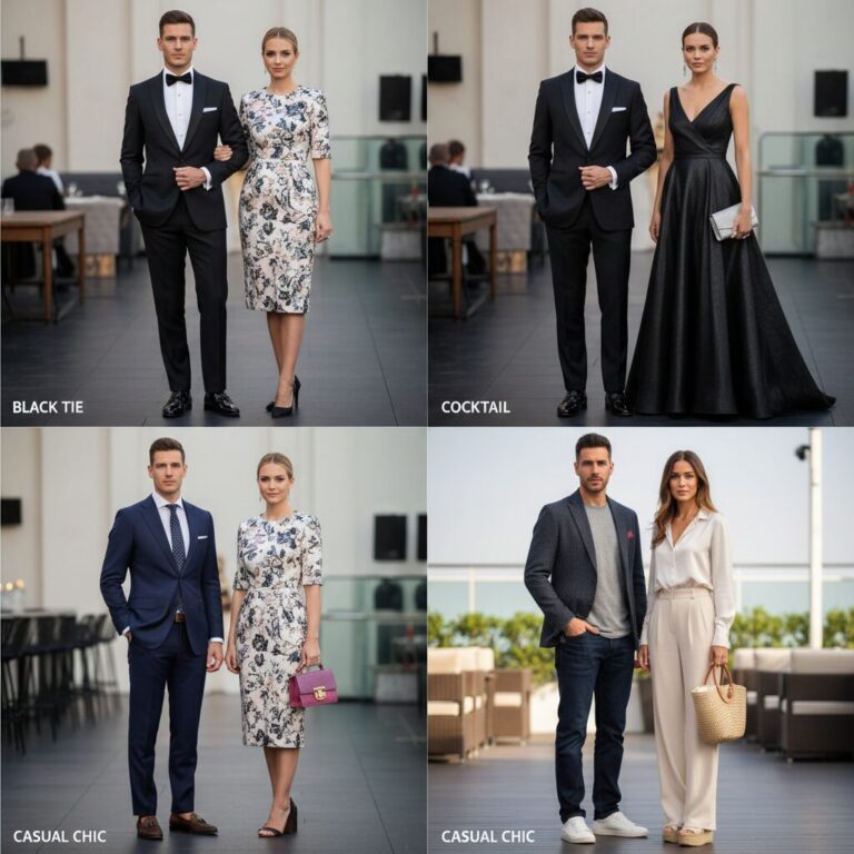 다양한 파티 드레스 코드에 맞는 남성과 여성의 의상 예시가 나란히 배치된 사진