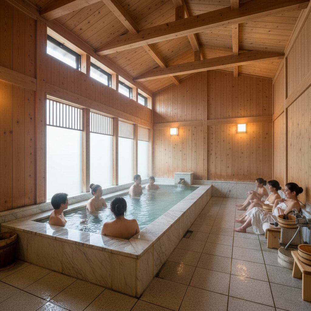 일본 전통 공중목욕탕 내부 목재 인테리어와 대리석 욕조