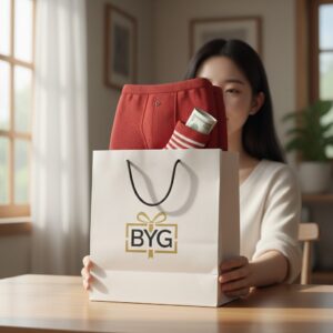 빨간내복과 양말 반전 용돈박스 완성품, BYG 로고가 있는 쇼핑백에 담긴 모습