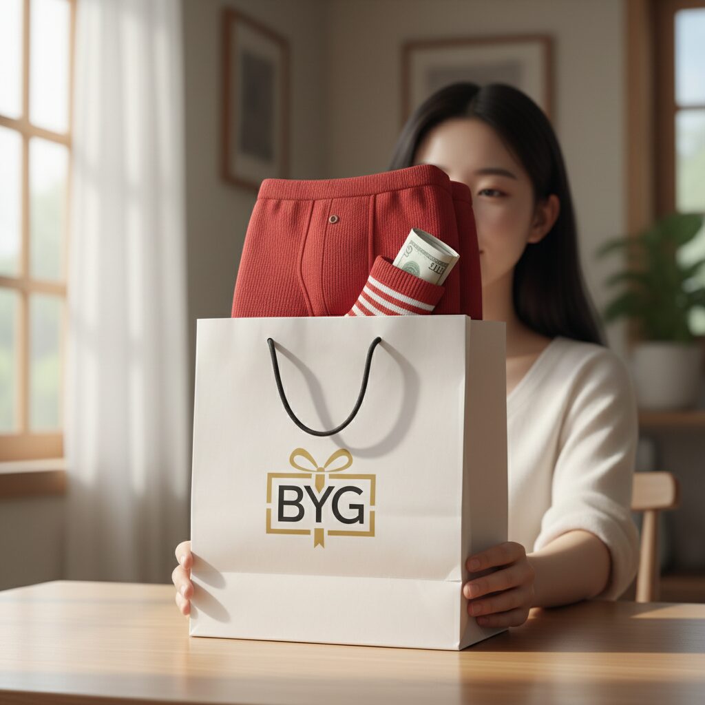 빨간내복과 양말 반전 용돈박스 완성품, BYG 로고가 있는 쇼핑백에 담긴 모습