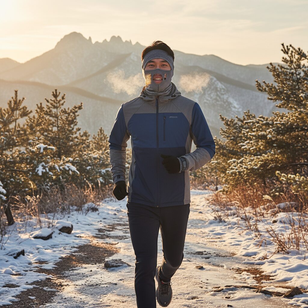 러닝 중 오로도 입김배출형 바라클라바 착용 모습 호흡이 편안한 모습