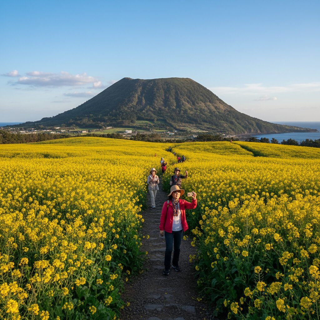 산방산을 배경으로 한 넓은 제주도 유채꽃밭 풍경
