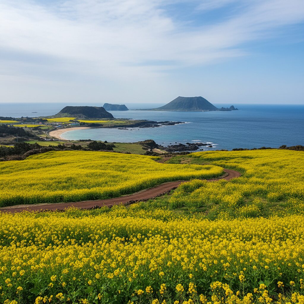 서우봉에서 바라본 바다와 제주도 유채꽃 풍경