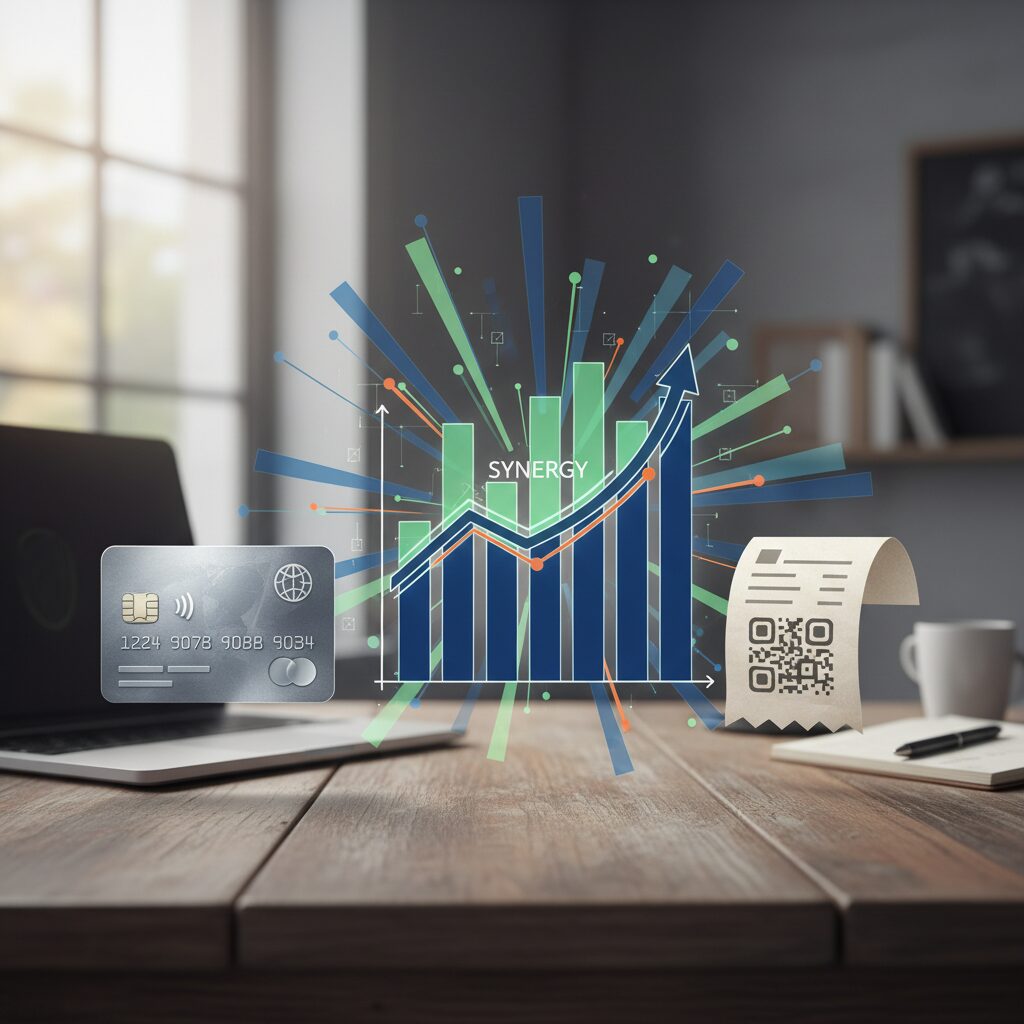 신용카드와 현금영수증 아이콘을 양쪽에 두고 중앙에 시너지 효과를 나타내는 차트가 있는 개념도