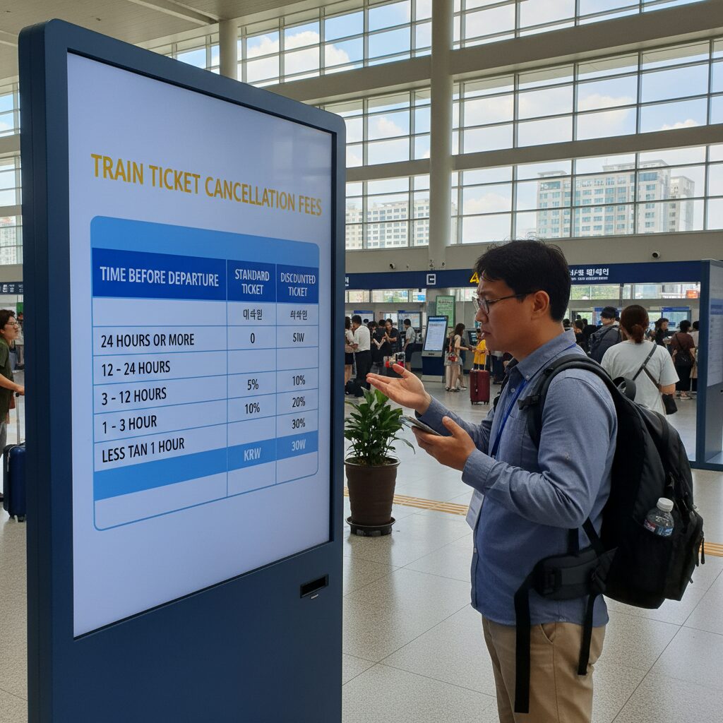 기차표 취소 수수료 안내표를 확인하는 모습