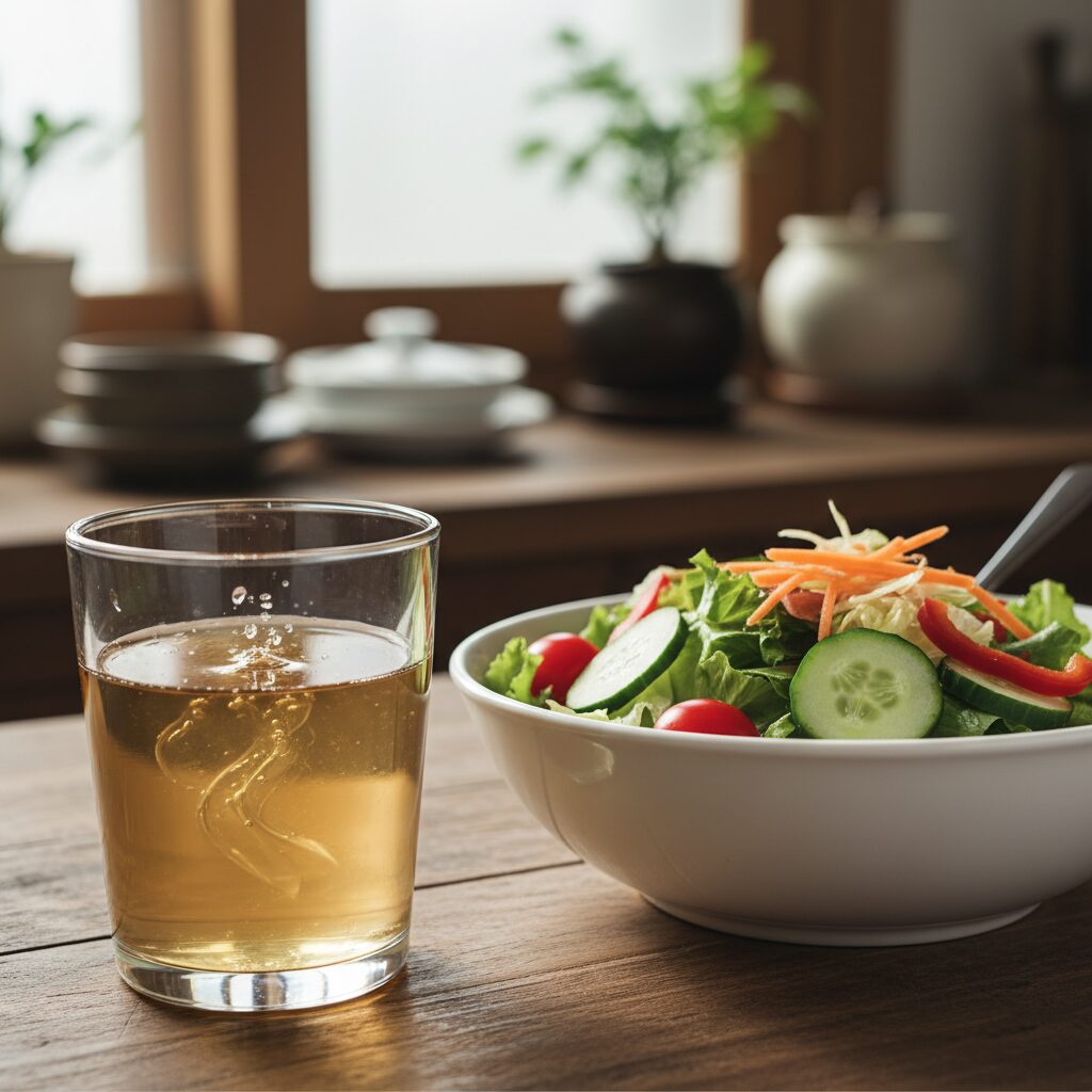 식사 전 먹는 야채와 물에 탄 식초 한 잔