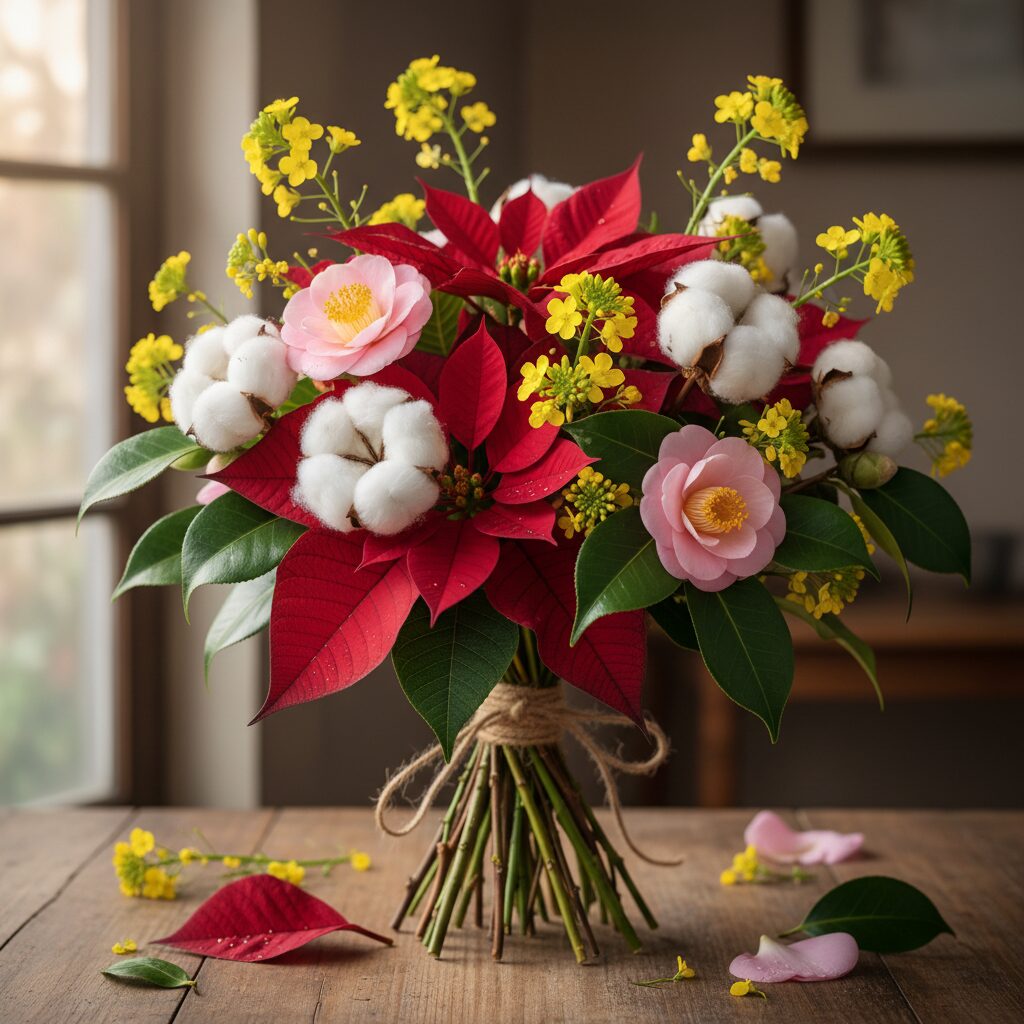포인세티아 동백꽃 목화 유채꽃 꽃다발 구성 사진
