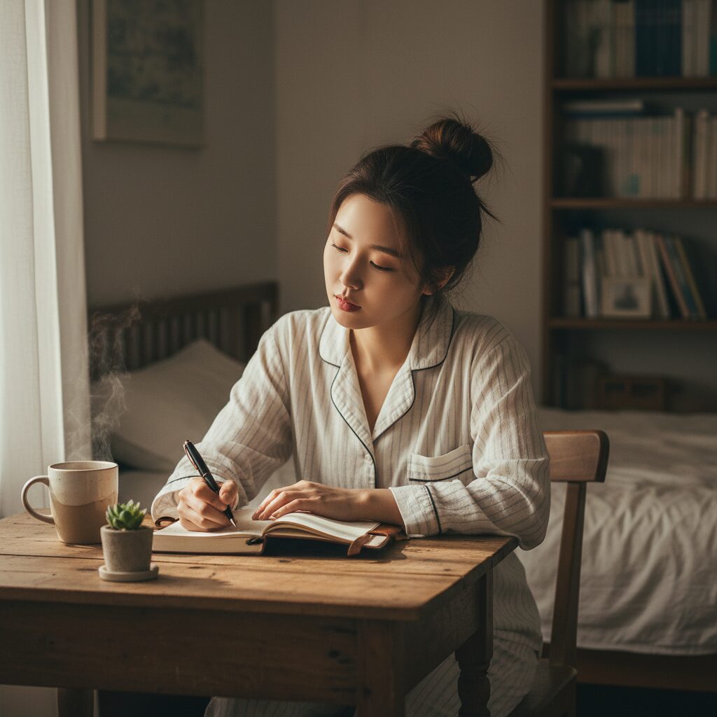 아침에 꿈 일기를 쓰고 있는 여성