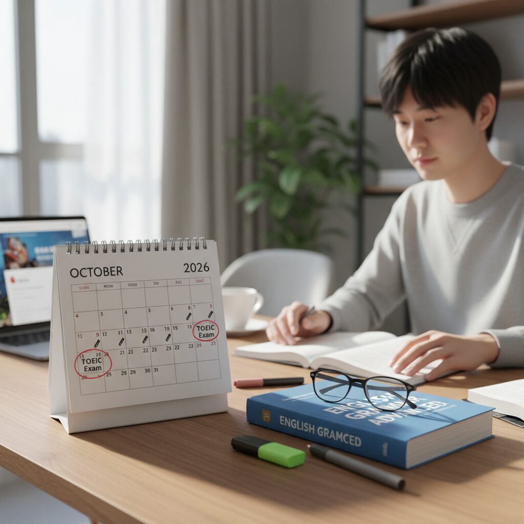 2026년 달력에 표시된 토익 시험 날짜와 영어 학습 책