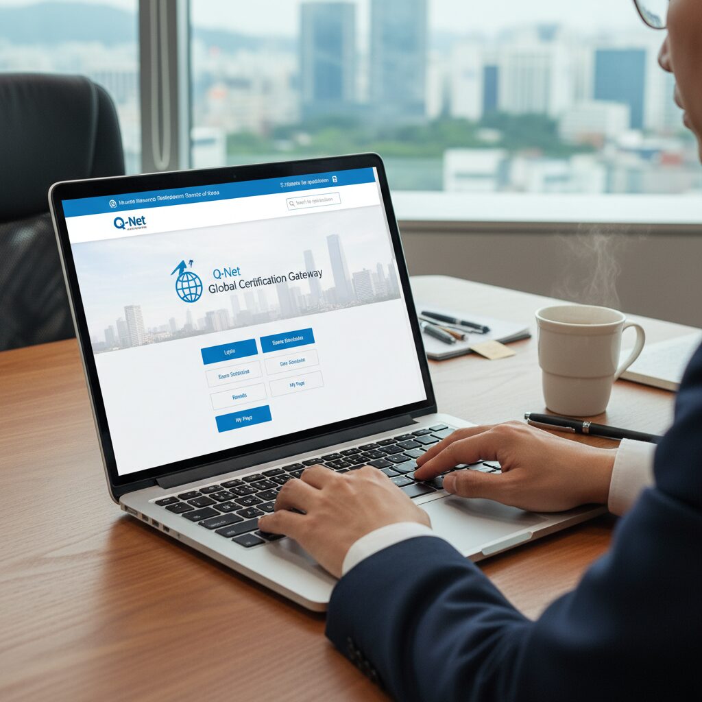 노트북 화면에 표시된 Q-Net 한국산업인력공단 공식 홈페이지