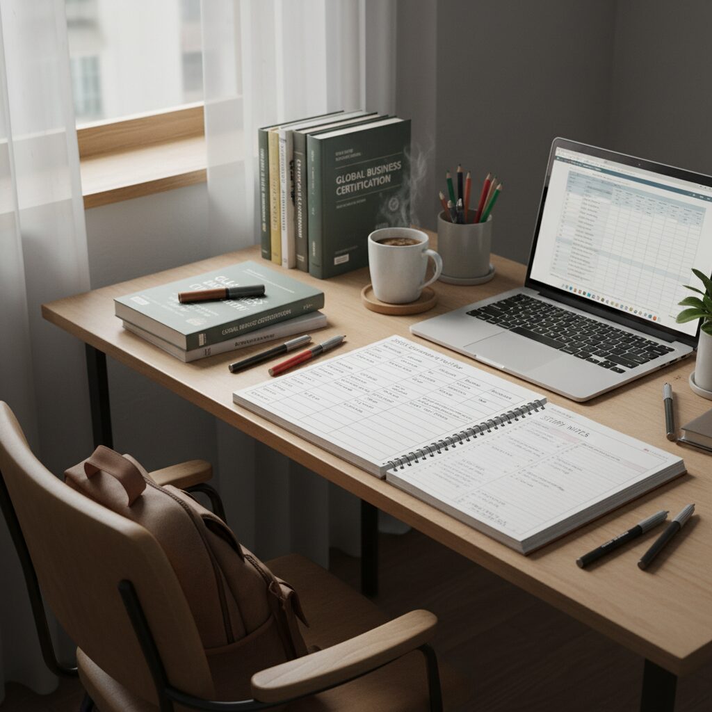 2026년 자격증 공부 계획표와 책상 위 책, 노트, 필기구
