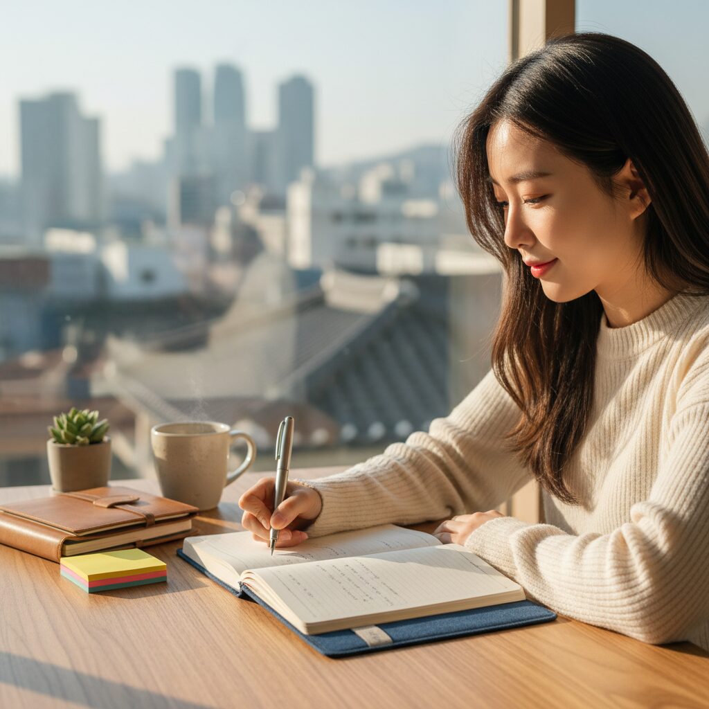 2026년 새해를 맞이하며 다이어리와 펜으로 계획을 세우는 모습