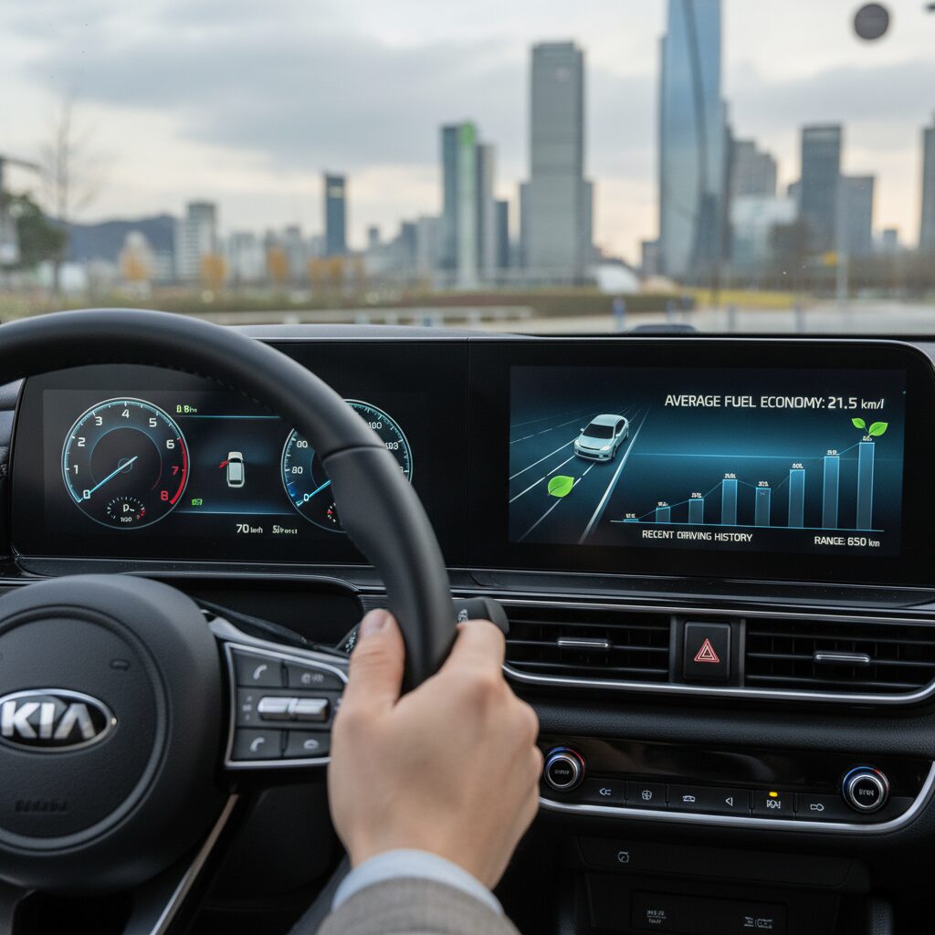 2026년형 셀토스 하이브리드 계기판 및 연비 표시