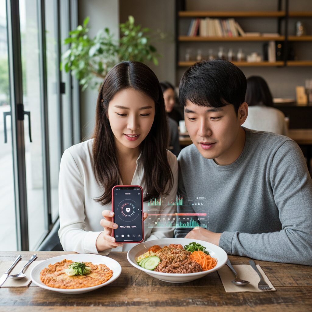 스마트폰으로 음식 사진을 찍어 AI 앱에 분석하는 모습