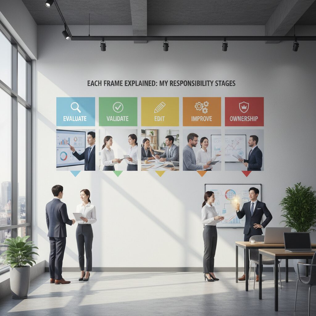 EVERY 프레임을 설명하는 인포그래픽, 평가 검증 편집 개선 내 책임 단계