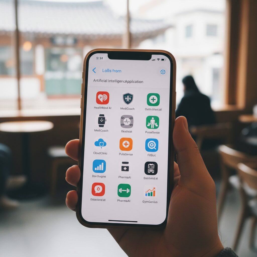 여러 AI 건강 관리 앱 아이콘이 스마트폰 화면에 나열된 모습