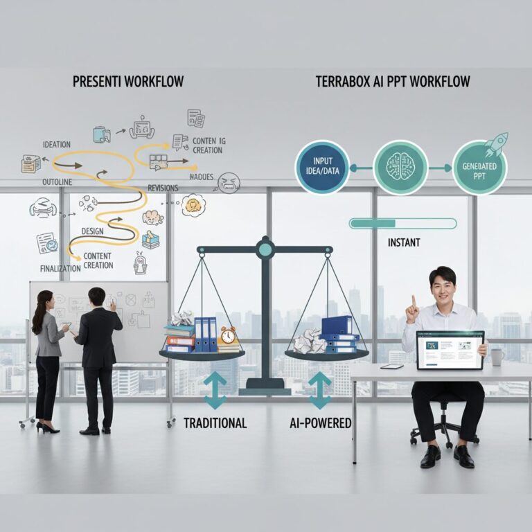 프레젠티와 테라박스 AI PPT의 작업 흐름을 비교하는 개념도