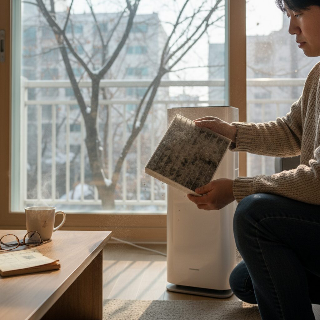 겨울철 공기청정기 헤파 필터 상태 점검하는 모습