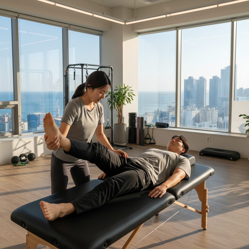 부산 마린시티 어시스트레치에서 1대1 스트레칭 관리 받는 모습