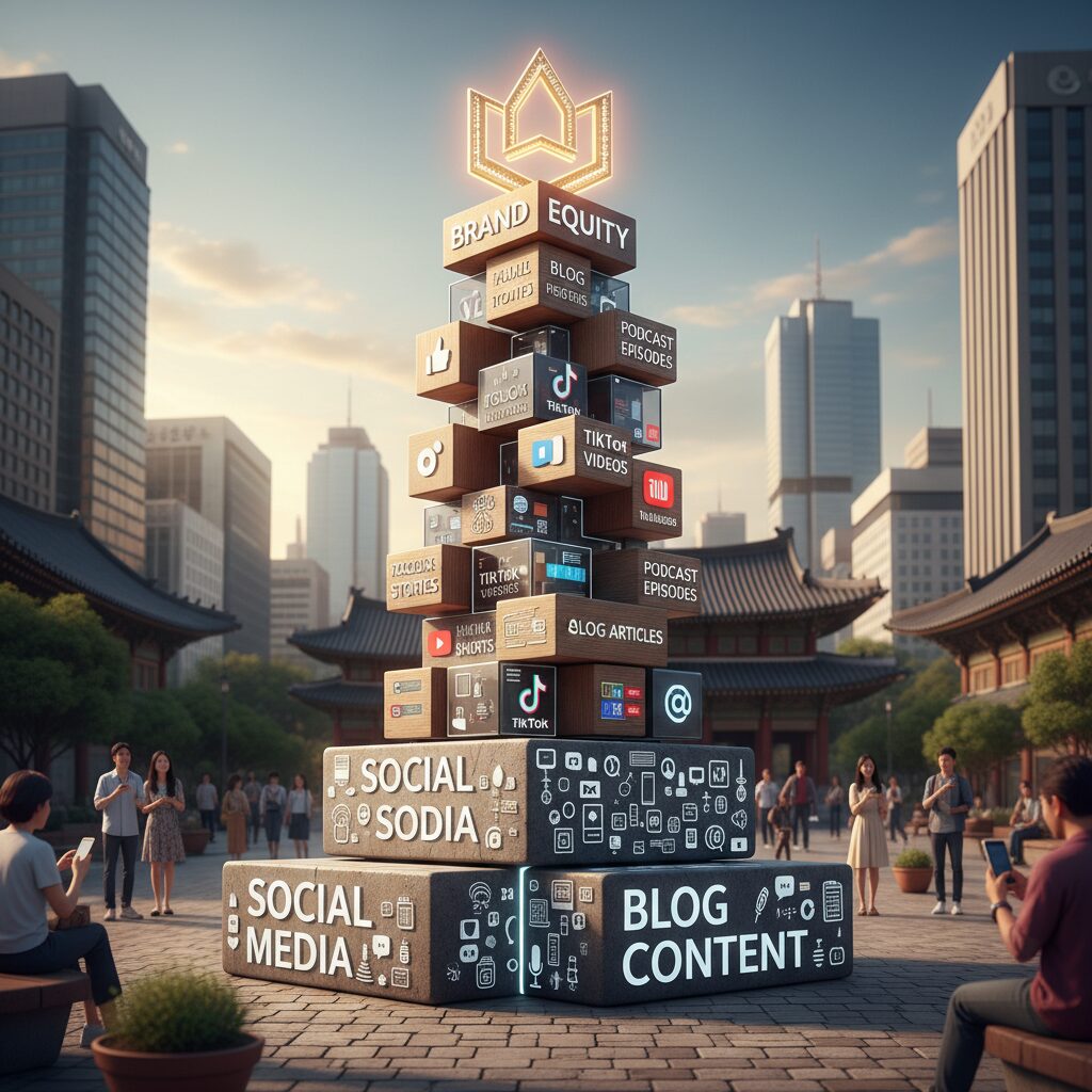 소셜 미디어와 블로그 콘텐츠가 조화를 이루며 브랜드 탑을 쌓아가는 일러스트