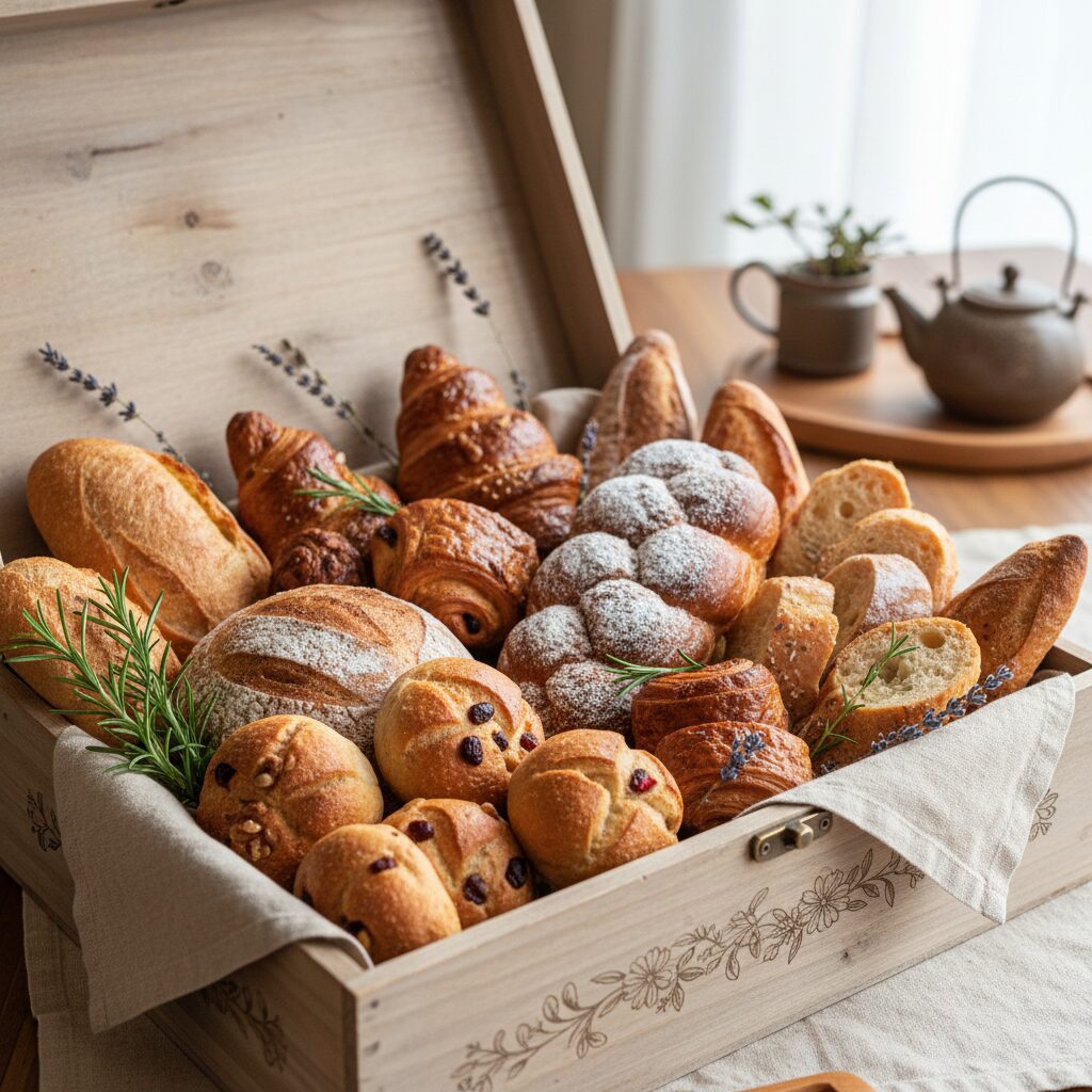 다양한 종류의 빵으로 가득 채워진 감성적인 선물 박스